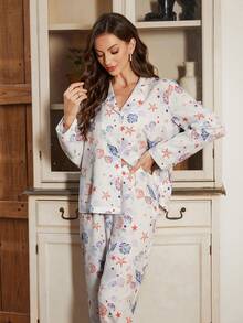 Serenescape Women Loose Comfortable Ocean Print Lapel Long Sleeve Pajama Set Lounge Sets For Women Sleepwear Women Pj Sets Floral Pj Set Pajamas Set For Woman - Multicolor - View 6