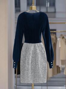 Franclia Vestido mini de mujer con solapa de terciopelo, parches de tweed y decoración de botones - Azul Marino - Ver 2