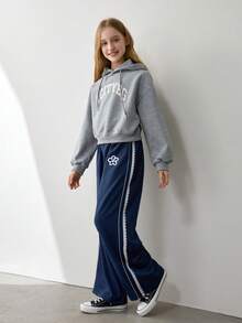 Tween Girls' Fashion Casual Lace Trim Embroidered Pants - Navy Blue - View 3