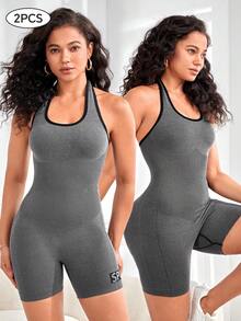 Eassivo Eassivo 2pcs/Set Halter Pilates Yoga Jumpsuit, Sports Jumpsuit - Grey - View 4