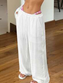 SHEIN EZwear 女款白色编织阔腿裤，简约时尚，适合夏季 - 白色 - 查看 4