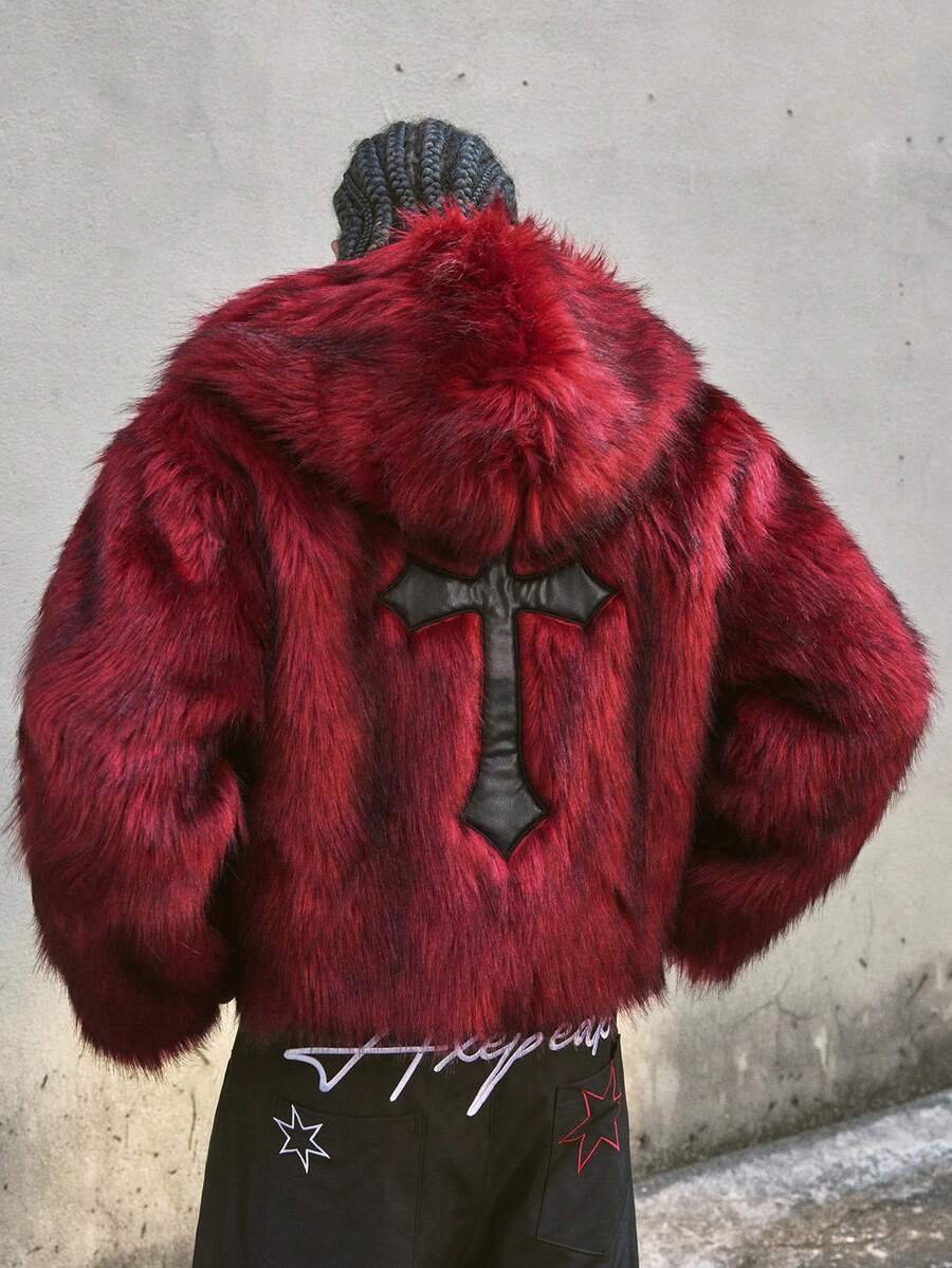 AXEPEAK Men's Graphic Red Hooded Long Sleeve Casual Faux Fur