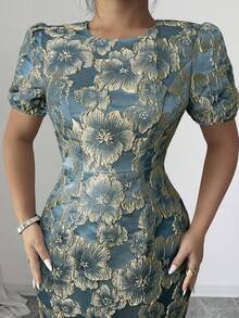 SHEIN Elenzya 大码圆领短袖立体刺绣花卉图案修身法式优雅通勤修身鱼尾连衣裙，橄榄绿 - 藍色 - 查看 6