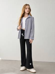 Tween Girl Casual Black Winter School Pants,Star Decorated Elastic Waist Double&Single Star Print Hem Micro Flared Velvet Sweatpants For Spring Autumn - Black - View 7
