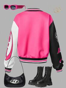 SHEIN Girlism Teen Girls Casual Street Baseball Jacket, Long Sleeve Fitted Pink White Black Logo Graphic Print Coat, Autumn/Winter - Multicolor - View 2