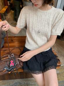 DAZY Women's Solid Color Round Neck Short Sleeve Knit Top, Korean Style, Autumn/Winter - Beige - View 5