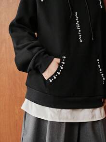 Uhlyne Uhlyne Women's Autumn Long Sleeve Hooded Black Knit Sweatshirt With Faux Pearl Decor, Elegant Versatile For Commuting, Back To School, Retro Casual Autumn - Black - View 8