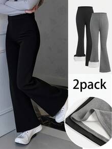 SHEIN 2件套女童休闲百搭喇叭保暖裤，黑灰色，日常穿着，秋冬季 - 彩色 - 查看 2