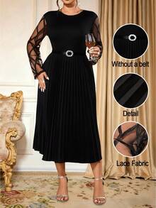 Cravure Plus Size Solid Color Mesh Patchwork Round Neck Elegant Long Sleeve Dress - Black - View 1