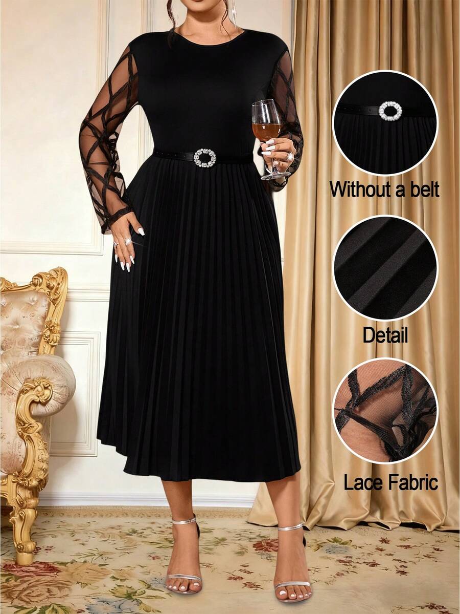 Cravure Plus Size Solid Color Mesh Patchwork Round Neck Elegant Long Sleeve Dress - Black - View 1