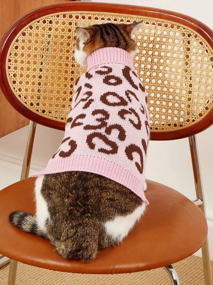 PETSIN 1pc Pet Cat Dog Universal Pink Leopard Print Fashionable And Cute Knitted Jacquard Warm And Comfortable Elastic Sleeveless High Neck Dog Sweater - Multicolor - View 1