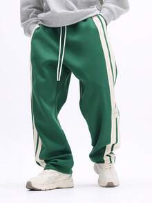 SUMWON 男士休闲运动裤，侧边条纹细节，宽松版型，抽绳腰带，舒适居家服，纯色 - 墨綠色 - 查看 4