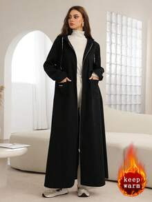 Mulvari Grey Hooded Drop Shoulder Zip-Up Long Cardigan, Autumn/Winter Abayas