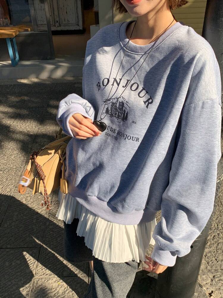 Women's Casual Letter Print 2 In 1 Long Sleeve Sweatshirt, Autumn/Winter