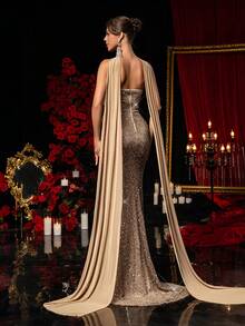 Glamrae 优雅奢华金属弹力褶皱手工水钻链条美人鱼长裙，适合婚礼、派对、度假、盛会、正式场合（厚实耐用） - 金色 - 查看 4