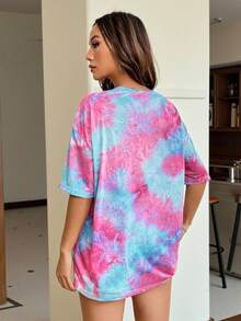 SHEIN EZwear 夏季扎染字母贴片落肩T恤 - 粉色 - 查看 2