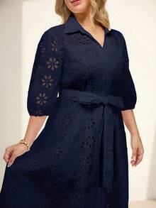 Momelise Plus Size Women Elegant Solid Color V-Neck Hollow Embroidery Lantern Sleeve Cardigan With Tie Waist Belt Long Dress - Navy Blue - View 1