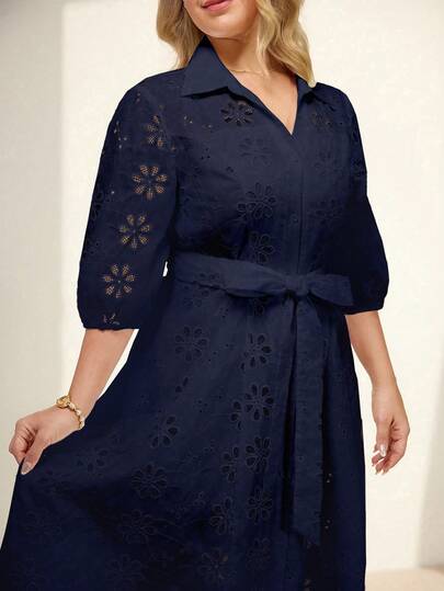 Momelise Plus Size Women Elegant Solid Color V-Neck Hollow Embroidery Lantern Sleeve Cardigan With Tie Waist Belt Long Dress