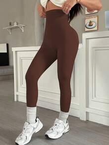Easithlete 女士高腰无缝针织紧身裤，紧身设计，收腹提臀，舒适贴身，适合瑜伽、健身、运动，深咖啡色 - 咖啡棕 - 查看 6
