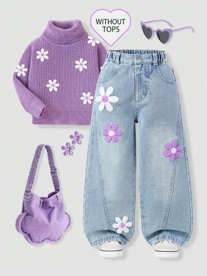 少女宽松直筒牛仔裤，拼接设计，饰以毛巾刺绣，浅蓝色复古牛仔面料，清新柔和，宛如春日阳光，点缀着纯白花瓣、淡紫色花蕊和鲜艳紫色花朵的3D立体花卉贴花，每一步都仿佛将花园的生机带到眼前。