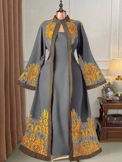 DreamSkyne فستان نسائي بحجم كبير من قطعة واحدة، أنيق وبأسلوب عطلة، مطبوع بياقة مزيفة وأكمام واسعة، قصة ضيقة (إشارات الحزن) (جمالية الأربعاء)