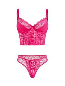 Conjunto de lencería con sujetador con aros y braga con adorno de encaje floral y recorte de puntilla - Rosa Fucsia - Ver 1