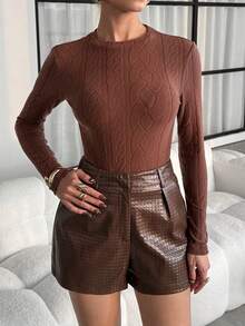 Lavishia 女士纯色简约圆领长袖针织T恤，日常穿着 - 咖啡棕 - 查看 6