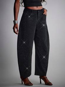 Hauture Sexy Party Night Out Rhinestone Embellished Pocket Flared Loose Fit Jeans - Black - View 2