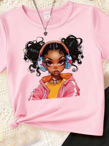 SHEIN Young Girls Casual Fashionable Creative Cartoon Cute Headphone Girl Painting Figure Print Casual Basic Short Sleeve T-Shirt And Leggings Set, Suitable For Daily Casual Wear, Party, Sophisticated Girl Outfit, Tops - Multicolor - View 4