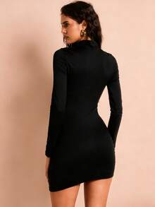 Glamine 女士秋季褶皱侧边抽绳腰身修身长袖连衣裙 - 黑色 - 查看 2