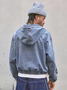 AXEPEAK Men's Washed Applique Embroidery Denim Jacket, Aqua Blue Autumn Streetwear City Break High-End Cross Jean Jacket, Grunge, Urban, Work - Blue - View 3