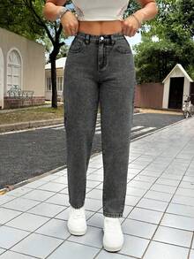 SHEIN PETITE PETITE 女式休闲修身锥形七分牛仔裤，蓝色低腰宽松牛仔裤，喇叭裤型女式牛仔裤，娇小女式牛仔裤 - 黑色 - 查看 2