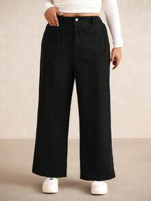 Elaquor 大码纯色弹力纽扣休闲高腰阔腿牛仔裤 - 黑色 - 查看 3