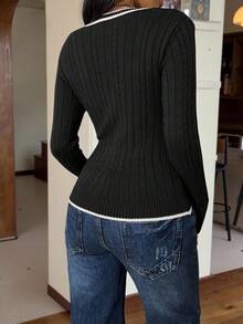 SHEIN EZwear Women's Casual Ribbed Trim Fitted Twist Knit V-Neck Sweater, Autumn Cable Knit Sweater Long Sleeve V-Neck Top,Fall Ribbed Top Knit Top Women Women Long Sleeve Tops Long Sleeve Black Top - Black and White - View 2