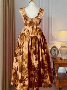 SHEIN Clasi Plus Size Square Neck Spaghetti Strap Ruffle Hem Cinched Waist Low Waist Slimming A-Line Spring/Summer Vacation French Elegant Tie-Dye Print Maxi Dress - Coffee Brown - View 2