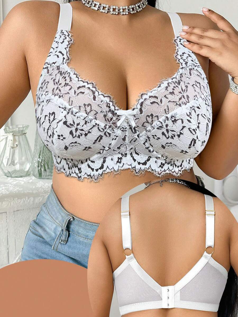 SHEIN 1 件大码女士蕾丝蝴蝶结装饰钢圈文胸 - 白色 - 查看 1