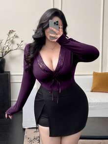 Vibekara Fall/Winter Elegant Contrast Lace V-Neck Long Sleeve Sexy Top - Purple - View 4