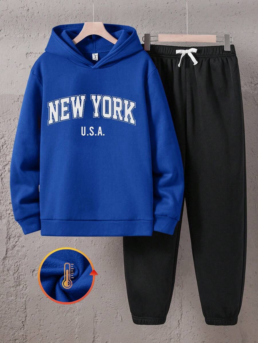 SHEIN 2pcs/Set Teenage Boys Casual Letter Slogan Print Hoodie Sweatshirt And Drawstring Sweatpants Set, Solid Color Basic Versatile, Suitable For Christmas, Home, Commute, School, Daily Casual, Vacation, Outdoor, Party, Autumn/Winter Boys Sweatsuits Set 2 Piece Teen Boys Hoodie And Sweatpants Boy Casual Sets Boy Teen 2pc Sets Sweater