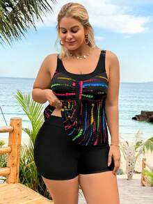 Swim Lushoire Bộ đồ bơi tankini in họa tiết toàn thân cỡ lớn - Áo và quần short đen - màu đen - Xem 4