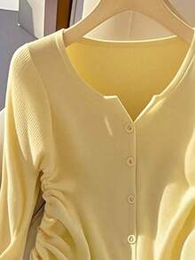 Franclia 女士开衫 松紧腰褶饰简约浪漫长袖T恤 秋季黄色女士开衫 - 黃色 - 查看 3