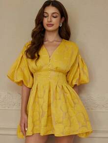 Aveloria Rosie Đầm tay phồng đính nút ngọc trai phong cách Sweet Girl - Màu vàng - Xem 4