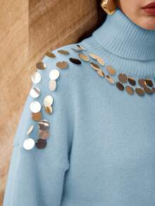 Modelyn Sweater Wanita Modis Buatan Tangan dengan Hiasan Payet, Leher Tinggi, dan Bahu Longgar, Lengan Panjang - Biru - View 8
