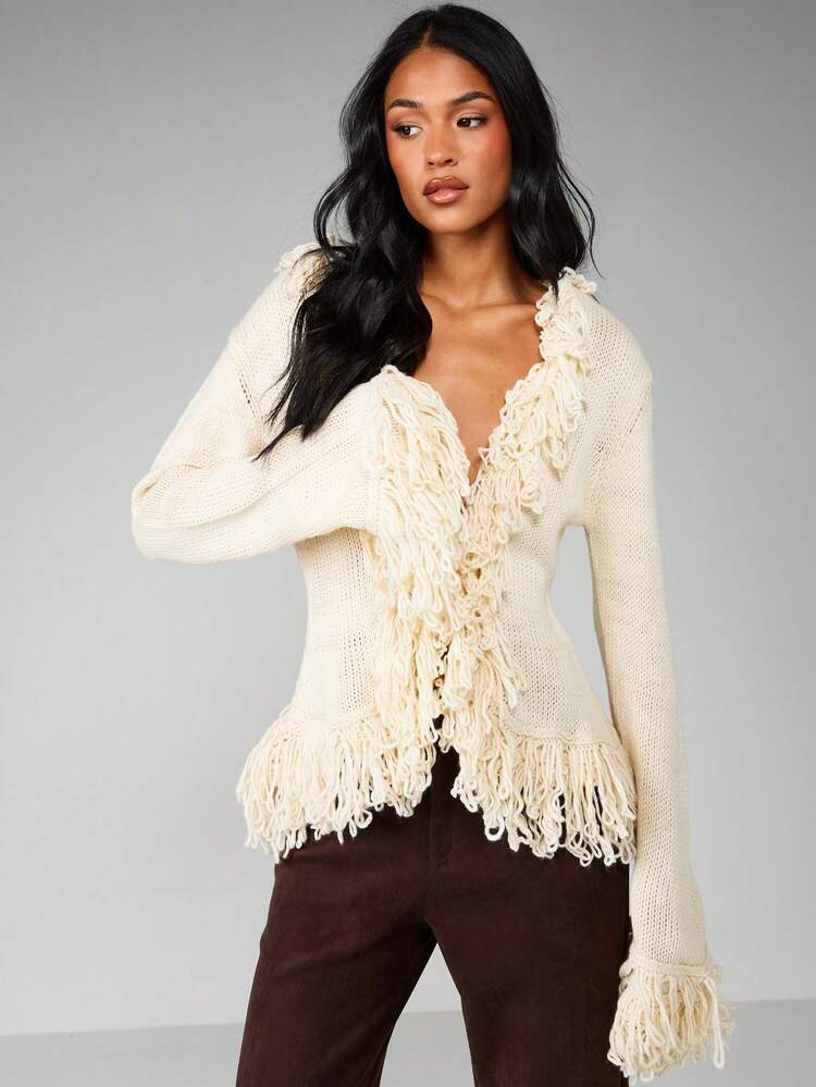 MISSGUIDED Cream Fringe Detail Cardigan Sweater Deep V Neck Long Sleeve Textured Knit Fall Winter Layer Piece
