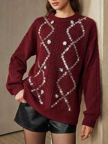 Arave Women's Loose-Fitting Floral Velvet Sweater With Beaded And Sequined Design, Perfect For A Modern Party Look, Winter Clothes For Women,  . - Burgundy - View 1