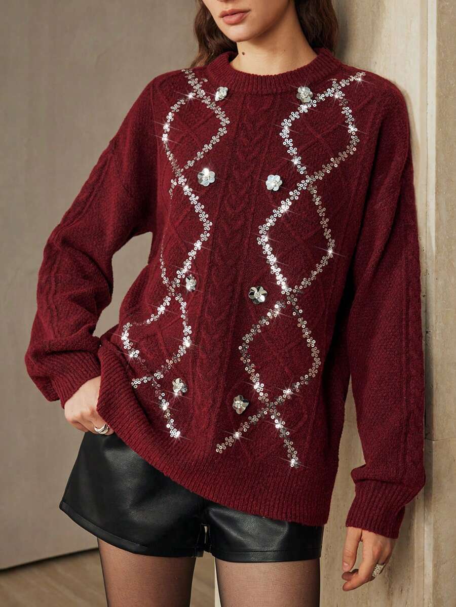Arave Women's Loose-Fitting Floral Velvet Sweater With Beaded And Sequined Design, Perfect For A Modern Party Look, Winter Clothes For Women,  . - Burgundy - View 1