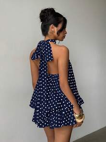 Aloruh Women's Elegant Polka Dot Print Halter Backless Mini Dress Polka Dot Halter Top - Navy Blue - View 2