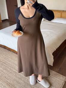 Dazy Plus Váy ngủ dài gợi cảm phối vải co giãn chắp vá màu tương phản cỡ lớn cho nữ - Cà phê nâu - Xem 5