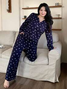 Dazy Plus 2pcs Plus Size Women Casual Bow Print Loose Pajama Set, Comfortable Home Wear For Spring & Autumn - Navy Blue - View 10