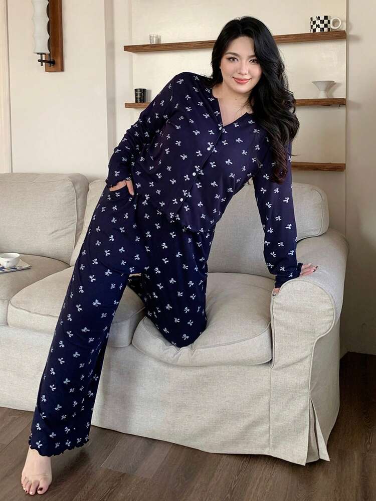 Dazy Plus 2pcs Plus Size Women Casual Butterfly Print Loose Pajama Set, Comfortable Home Wear For Spring & Autumn