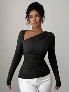 Elenzga 女士时尚褶皱不对称领短袖T恤，通勤风格，适合秋冬季日常穿着，可单穿或作为内搭。 - 黑色 - 查看 3